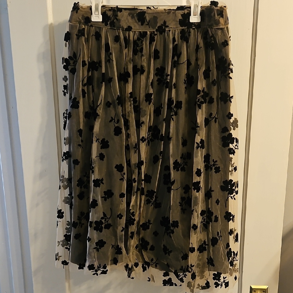 Cato Tulle Skirt with Black Floral Appliqué